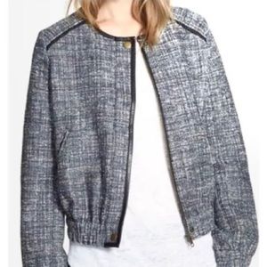 Joie marled tweed bomber jacket leather trim size M